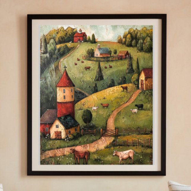 Rolling Hill Farm House Folk Art Ölgemälde Poster (Von Creator hochgeladen)