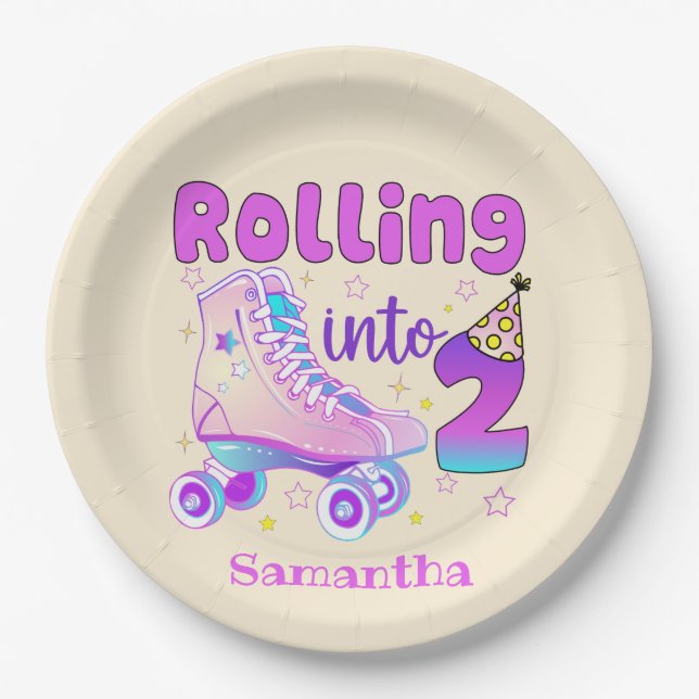 Rolling in 2 - Niedlicher Lila Roller Skate Geburt Pappteller (Vorderseite)