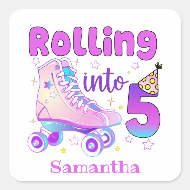 Rolling in 5 - Niedlicher Lila Roller Skate Geburt Quadratischer Aufkleber (Vorderseite)