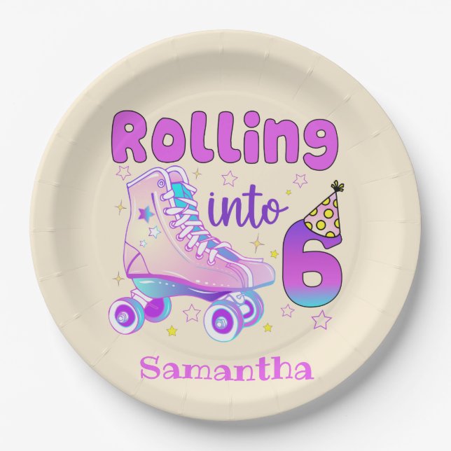 Rolling in 6 - Niedlicher Lila Roller Skate Geburt Pappteller (Vorderseite)