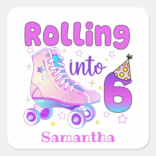 Rolling in 6 - Niedlicher Lila Roller Skate Geburt Quadratischer Aufkleber (Vorderseite)
