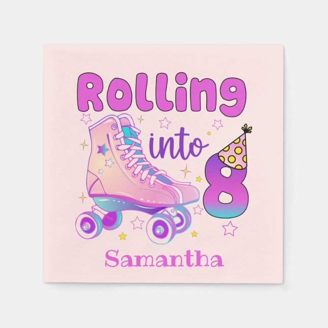 Rolling in 8 - Niedlicher Lila Roller Skate Geburt Serviette (Vorderseite)