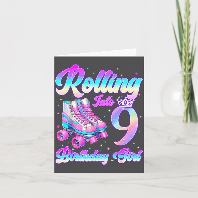 Rolling Into 9 Year Old Roller Skating 9th Birthda Karte (Vorderseite)