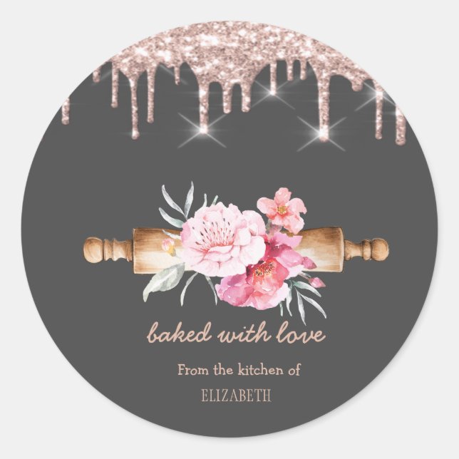 Rolling Pin Flowers Rose Gold Drips Bakery   Runder Aufkleber (Vorderseite)
