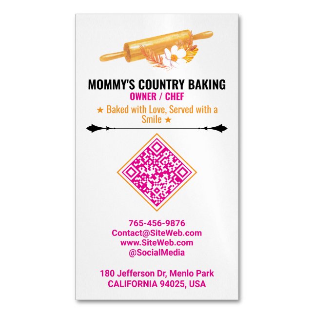 Rolling Pin Logo & Slogan | Premade QR Code Bakery Magnetische Visitenkarte (Vorderseite Vertikal)