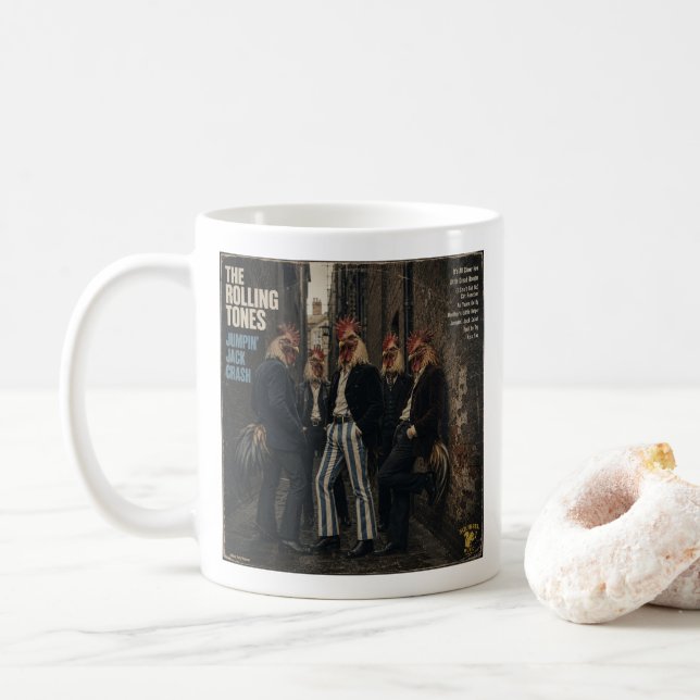 Rolling Tones: eine Parodie Kaffeetasse (Mit Donut)