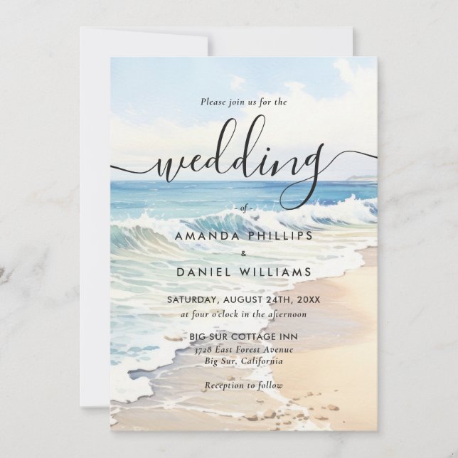 Rolling Waves Ziel Wasserfarbe Strandhochzeit Einladung (Vorderseite)