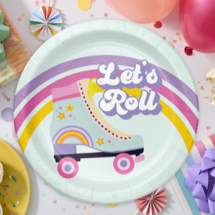 Rollschuh Retro Regenbogen Geburtstag Pappteller