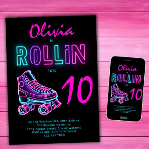 Rollschuhparty Mädchen Neon Glow Geburtstag Einladung