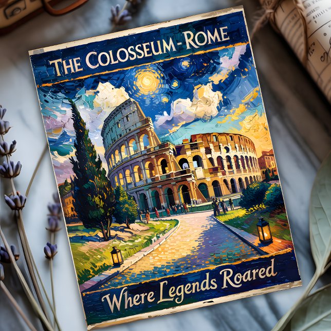 Rom Italien Reisen Kolosseum Starry Night Van Gogh Postkarte (Italy Rome Colosseum in Van Gogh Starry Night Style)