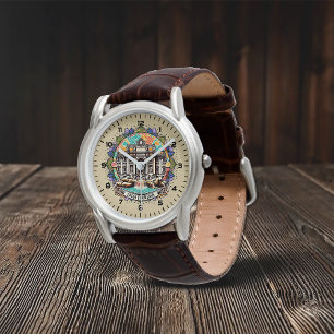 Rom Whisperbrunnen Klassischer Braunleder Armbanduhr
