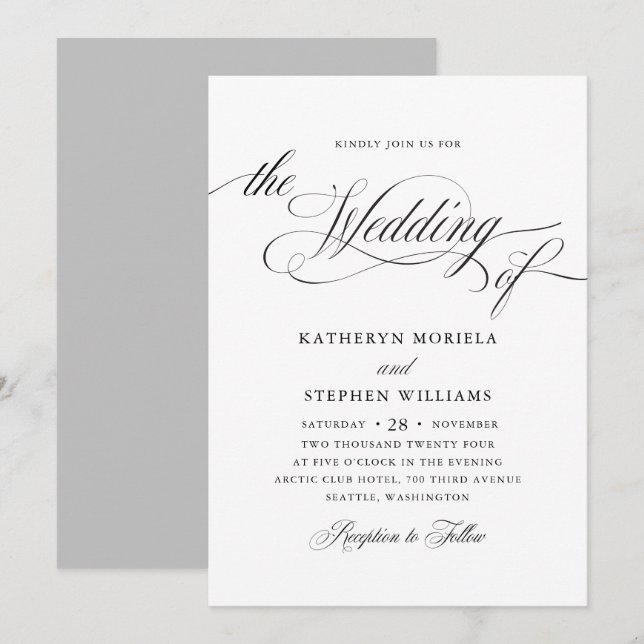 Roman Classic Black Calligraphy Wedding Einladung (Vorne/Hinten)