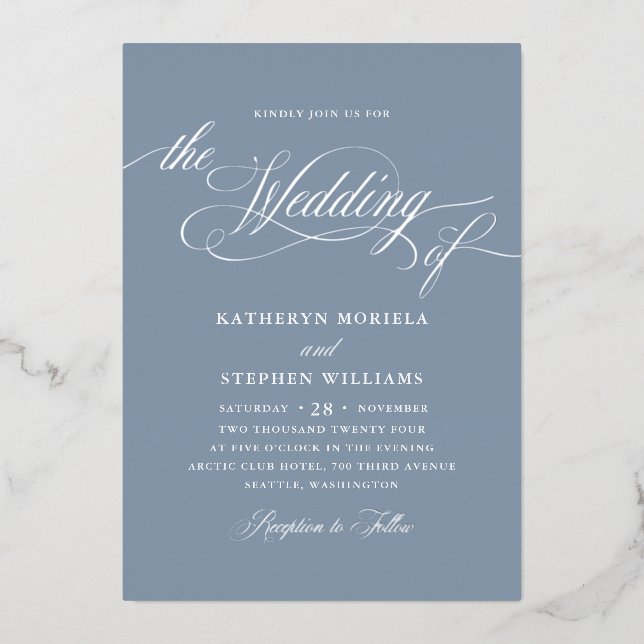 Roman Classic Script Calligraphy Wedding Silver Folieneinladung (Vorderseite)