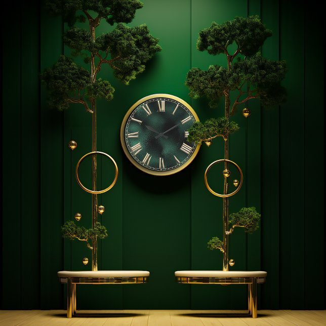 Roman Number Tropical Monstera Green Gold Metallic Große Wanduhr (Roman Number Tropical Monstera Green Gold Metallic Large Clock)