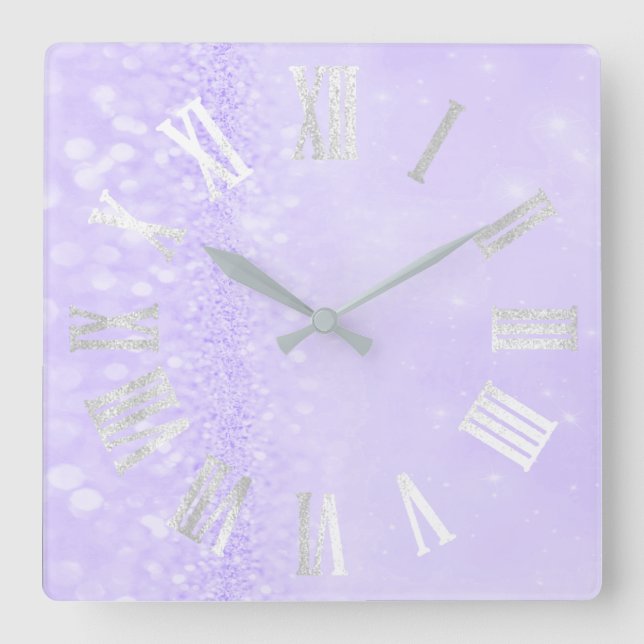Roman Numbers Silver Gray Lavender Glitzer Glam Quadratische Wanduhr (Vorderseite)