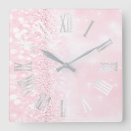 Roman Numbers Silver Gray Pink Glitzer Girly Quadratische Wanduhr