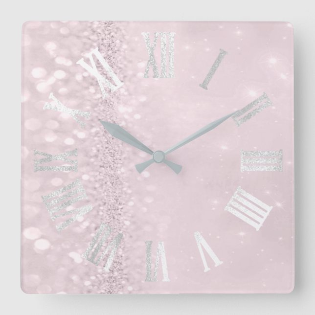 Roman Numbers Silver Pink Blush Green Glitzer Glam Quadratische Wanduhr (Vorderseite)
