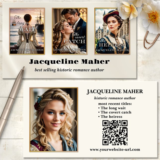 Romance Author Book Cover Foto Visitenkarte (Historic or romance author book cover photo business card with QR code template)