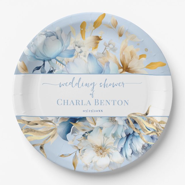 Romance Blue Floral Gold Wedding Shower Pappteller (Vorderseite)