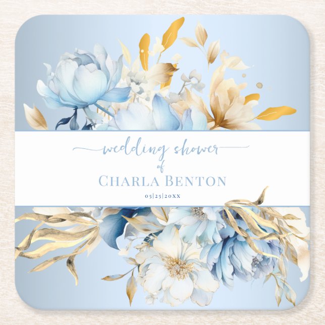 Romance Blue Floral Gold Wedding Shower Rechteckiger Pappuntersetzer (Vorderseite)