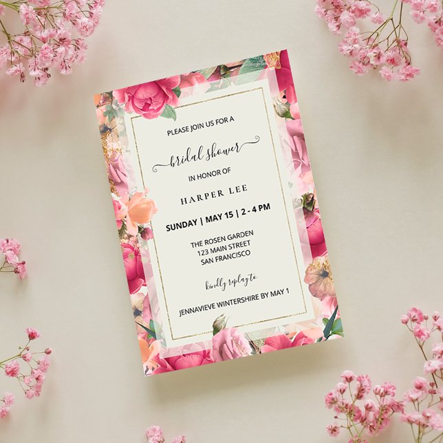 Romance Blush Pink Roses Garden Brautparty Einladung (Romance Blush Pink Roses Gold Frame Modern Floral Garden Bridal Shower Invitation)