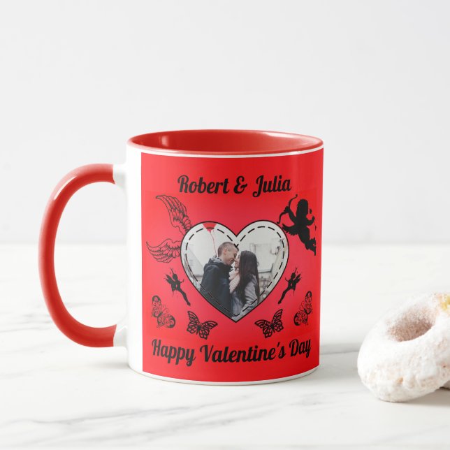 Romance Cute Red Heart Cupid Photo Valentines Day Tasse (Mit Donut)