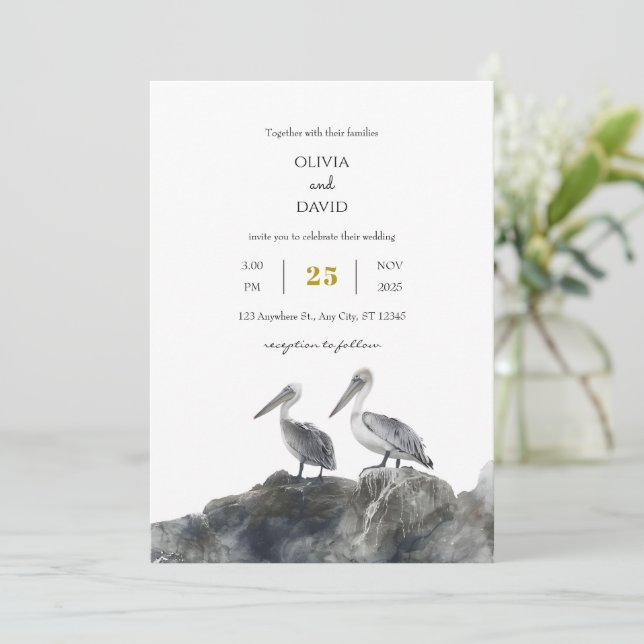 Romance Dusty Pelican Couple Beach Hochzeit am Mee Einladung (Stehend Vorderseite)