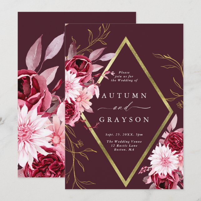 Romance Gold Frame Blumenhochzeit im Herbst Einladung (Vorne/Hinten)