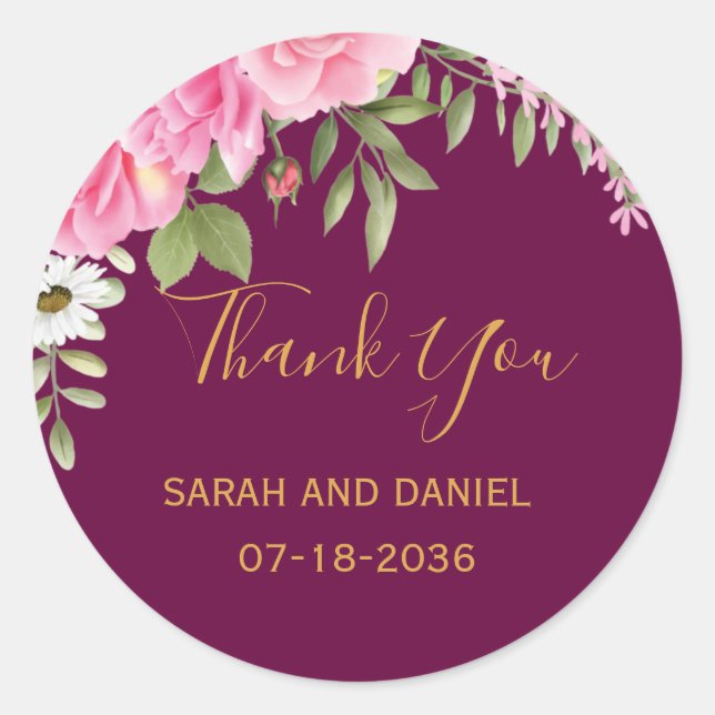 Romance Plum mit rosa Roses Wedding Danke Runder Aufkleber (Vorderseite)