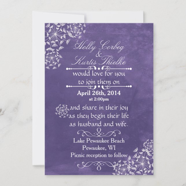 Romance rustique Purple Mariage Invitations (Devant)