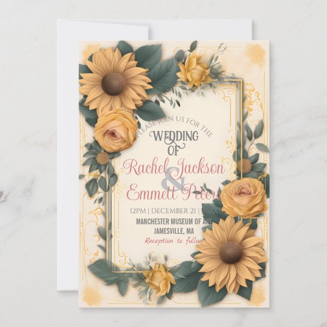 Romance Sunflower Wedding Yellow Rose Blätter Rahm Einladung (Vorderseite)