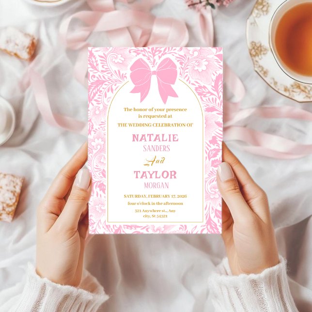 Romance Valentine’s Day Pink Bow Floral Wedding Einladung (Von Creator hochgeladen)