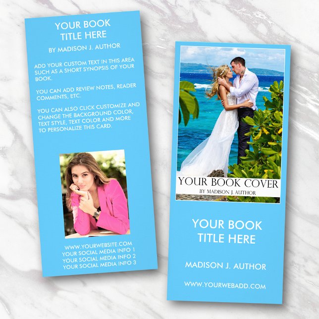 Romance Writer Book Cover | Author Foto Back Blue Werbekarte (Customize to change text size, style, background color and more.)
