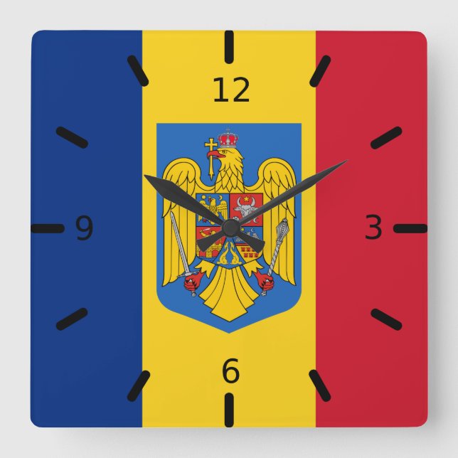 Romania flag-coat of arms   quadratische wanduhr (Vorderseite)