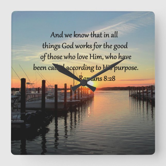 ROMANS 8:28 SONNENSET FOTO DESIGN QUADRATISCHE WANDUHR (Vorderseite)