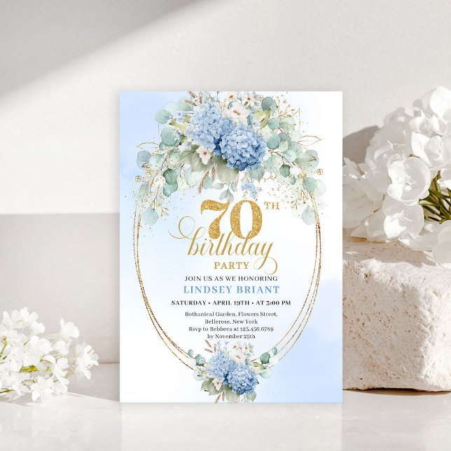 Romantic 70th Birthday Blue Floral Gold Invitation Einladung (Romantic 70th Birthday Blue Floral Gold Invitation)