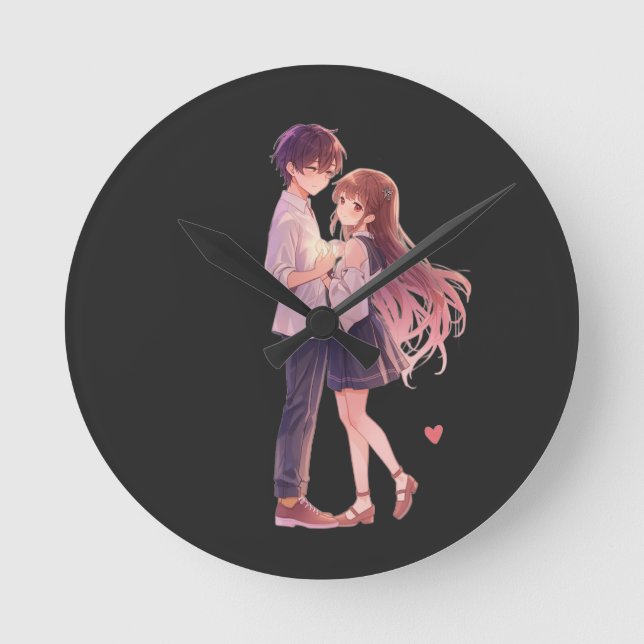 Romantic Anime Couple - Cute Aesthetic Lovers Art  Runde Wanduhr (Vorderseite)