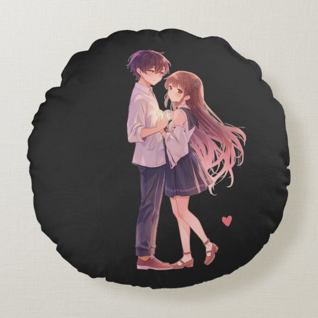 Romantic Anime Couple - Cute Aesthetic Lovers Art  Rundes Kissen (Vorderseite)
