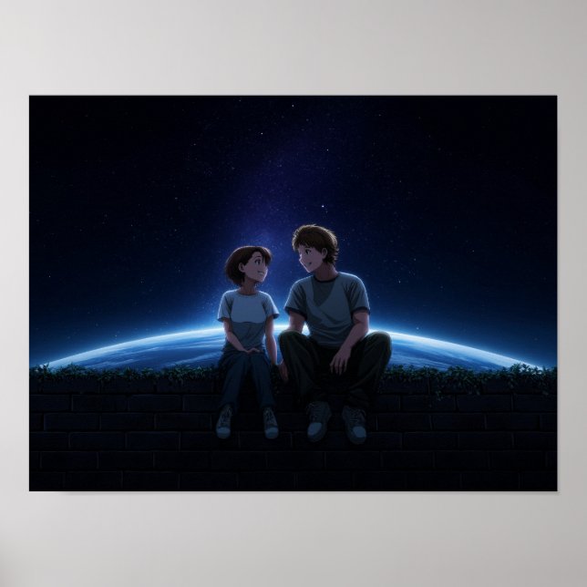 Romantic Anime Couple Sitting Under Starry Cosmos Poster (Vorne)