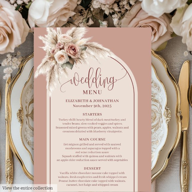 Romantic Arch Pastel Pink Pampas Sage Floral Menu Menükarte (Romantic Arch Pastel Pink Pampas Floral Wedding Menu)