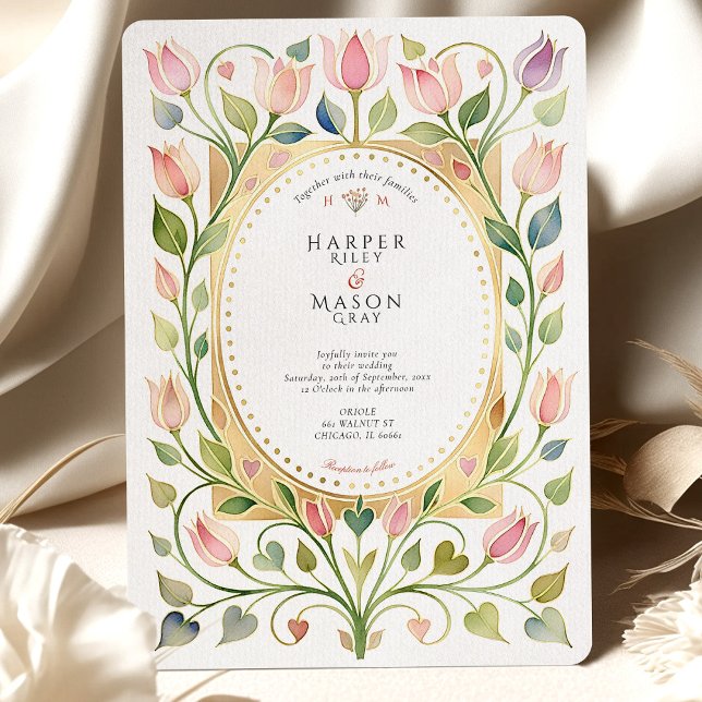 Romantic Art Nouveau Tulip & Hearts Gold Wedding Einladung (Von Creator hochgeladen)