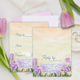 Romantic Beach Sunset Purple Florals Wedding Reply RSVP Karte