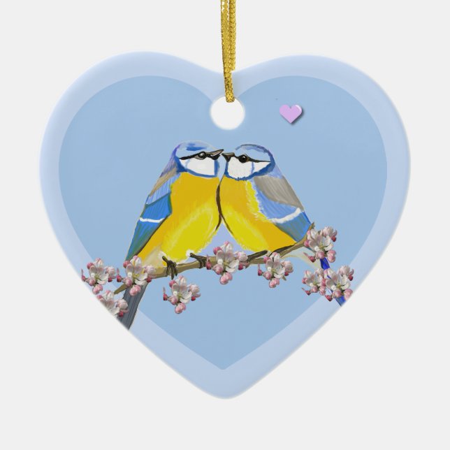 Romantic bird pair, Cyanistes Caeruleus Keramik Ornament (Vorne)