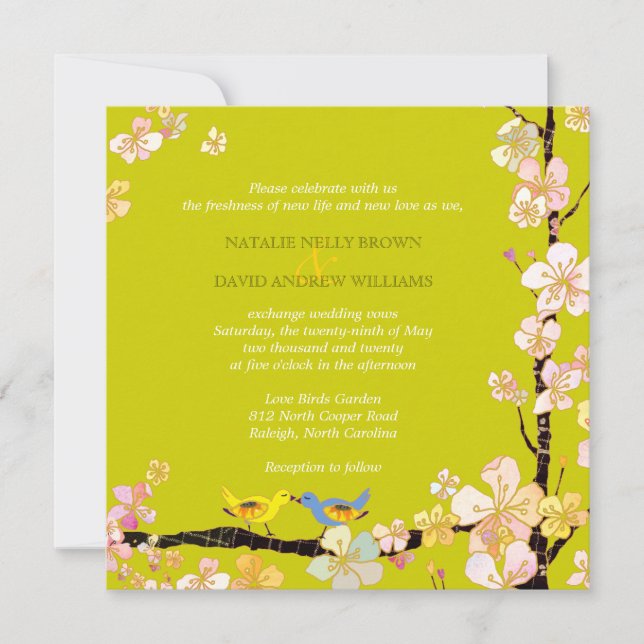 Romantic Bird Theme Apple Green Wedding Einladung (Vorderseite)