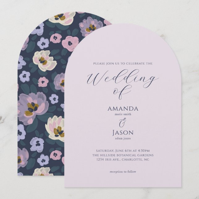 Romantic blue and purple floral garden wedding einladung (Vorne/Hinten)