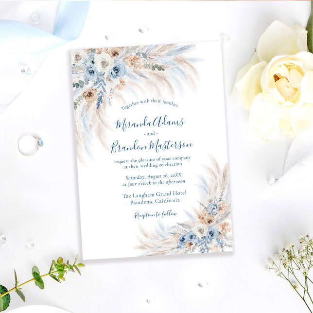 Romantic Blue Calligraphy Floral Boho Wedding Einladung (Von Creator hochgeladen)