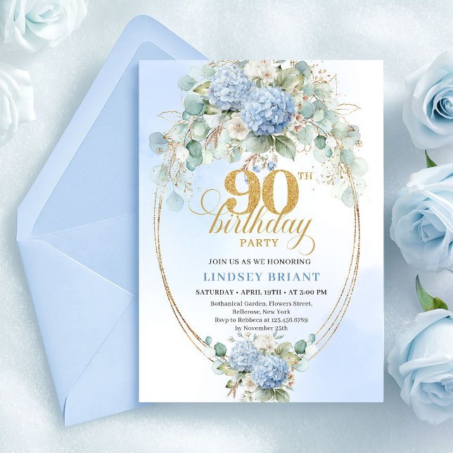 Romantic Blue Floral Boho 90th Birthday Invitation (Romantic Blue Floral Boho 90th Birthday Invitation)