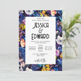 Romantic Blue Floral Elegante Chic Hochzeit Schwar Einladung
