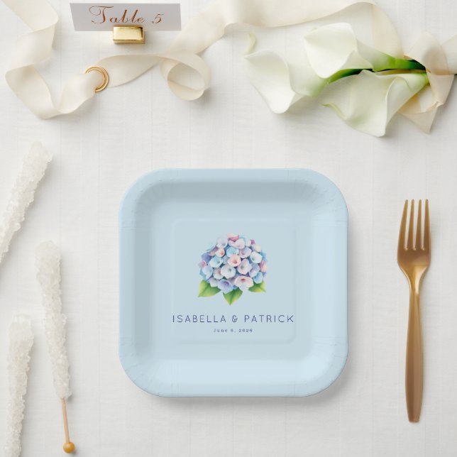 Romantic Blue Floral Hydrangea Pappteller (Hochzeit)