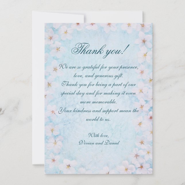 Romantic Blue Floral Wedding Danke Karte (Vorderseite)